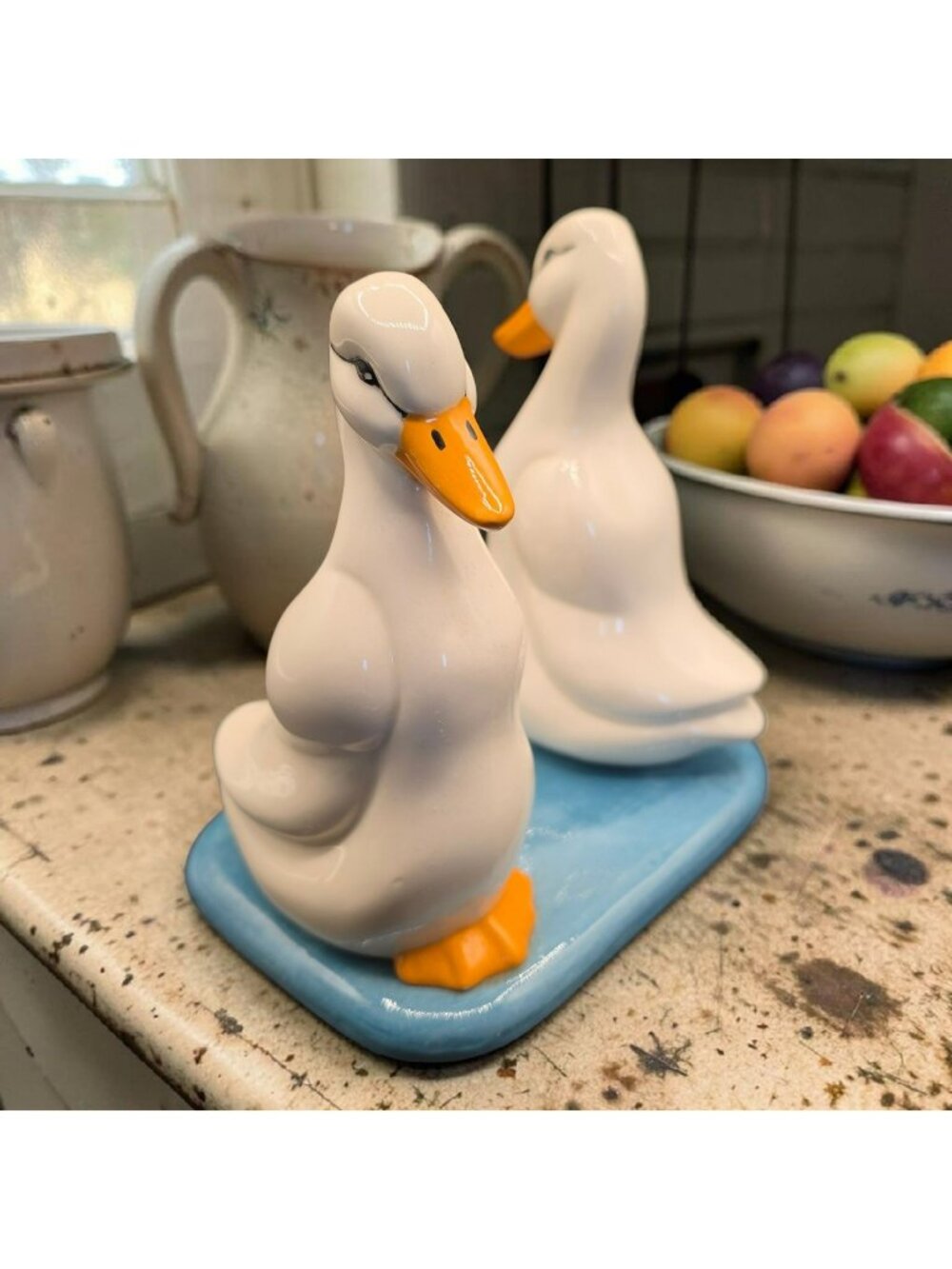 Ceramic Geese Napkin Holder 1988 Vintage White Orange On Blue Base 6.25" Tall
